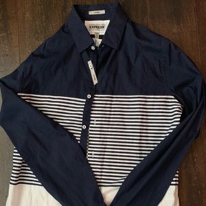 Express fitted navy/striped button up